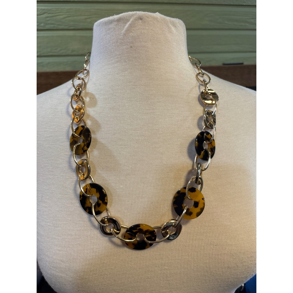 Gold Tone Long Tortoise Shell Link Statement Necklace 24 Inch